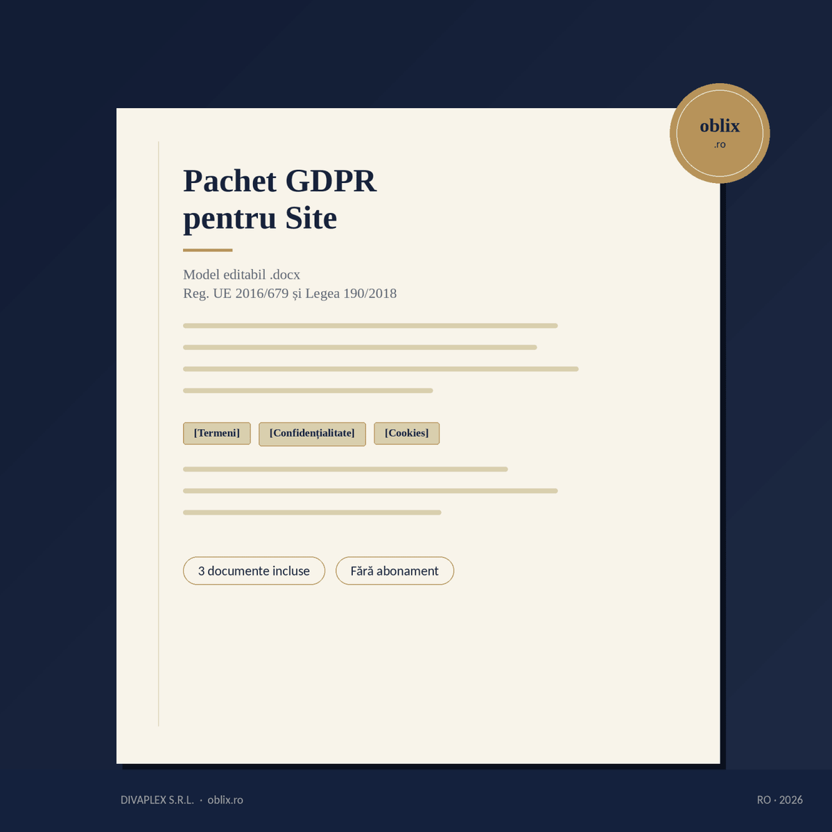 Pachet GDPR pentru Site: Termeni, Confidențialitate, Cookie-uri — Model Editabil .docx - oblix