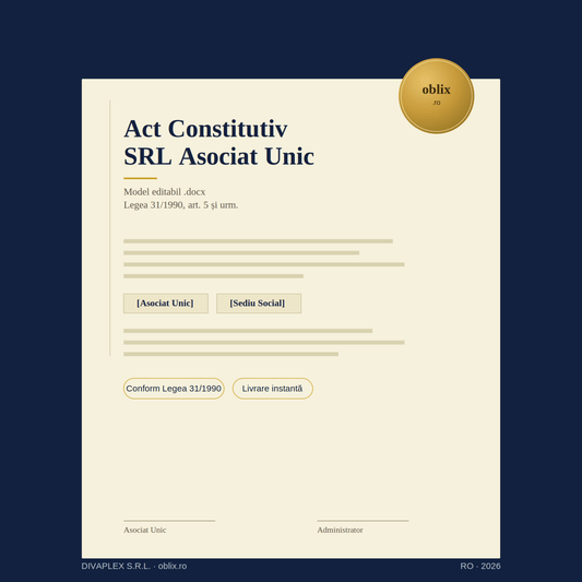 Act Constitutiv SRL cu Asociat Unic — Model Editabil .docx (Legea 31/1990) - oblix